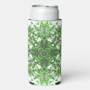 Abstract Floral Pattern In Black Green On White Seltzer Can Cooler