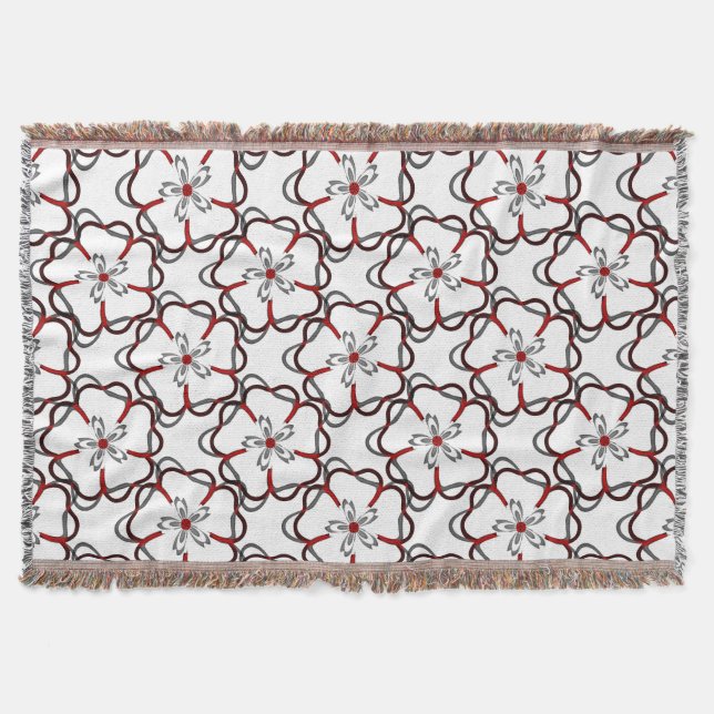 Abstract Floral Pattern in Red, Grey and Black Throw Blanket (Front)