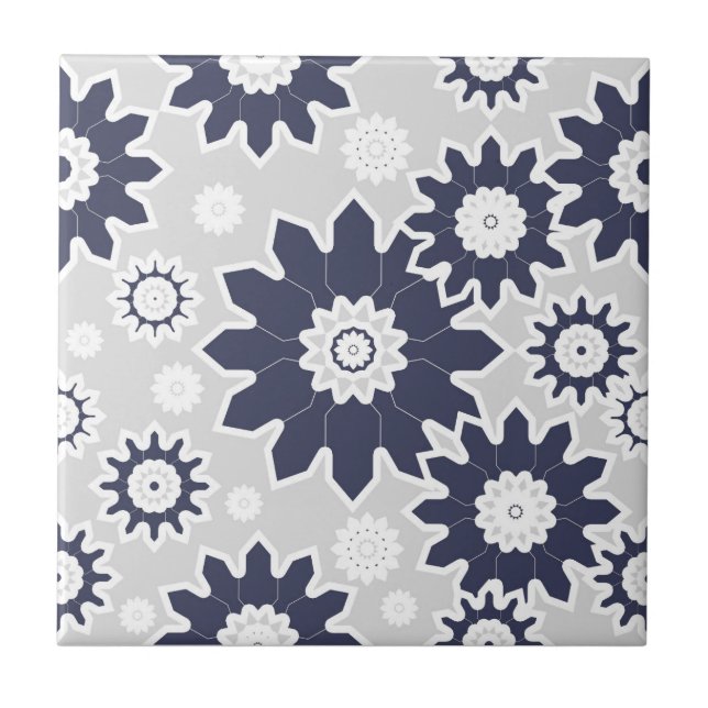 Abstract floral pattern, navy blue, white, grey ceramic tile (Front)