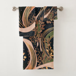 Abstract floral pattern, polka dots, vines bath towel set