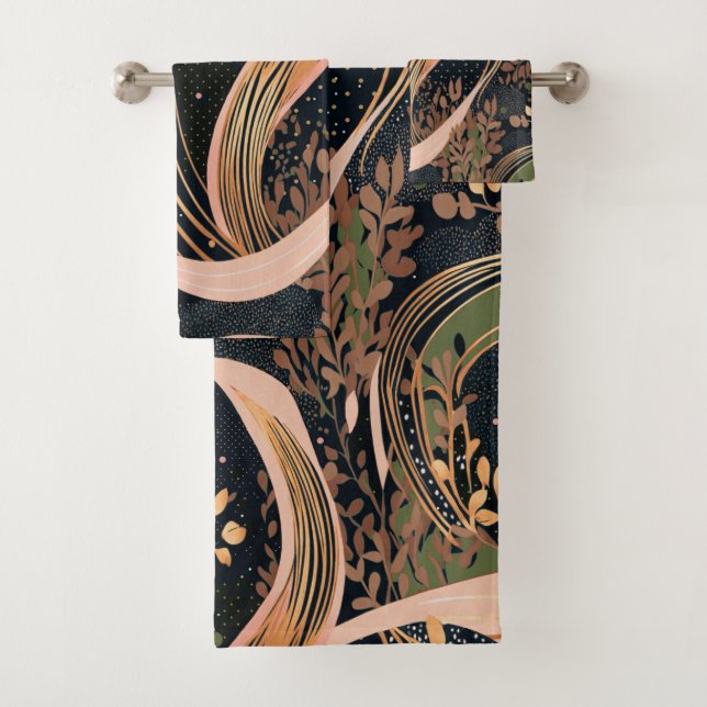 Abstract floral pattern, polka dots, vines bath towel set (Insitu)
