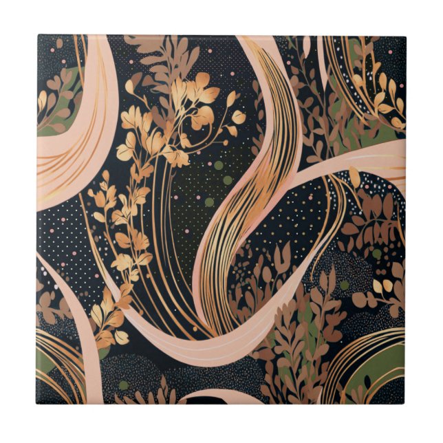 Abstract floral pattern, polka dots, vines ceramic tile (Front)