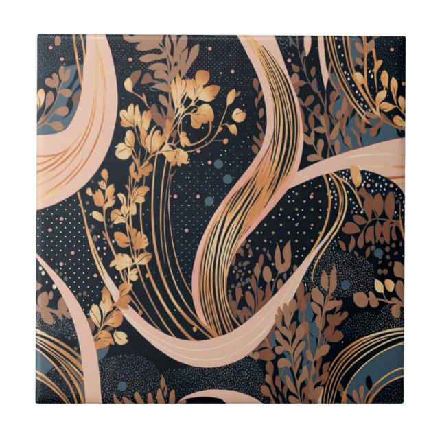 Abstract floral pattern, polka dots, vines ceramic tile (Front)
