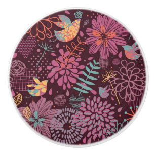 Abstract floral pattern with birds ceramic knob