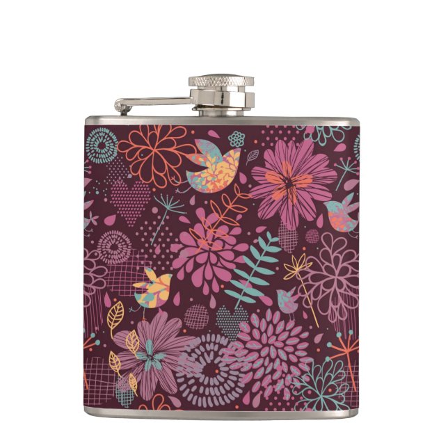 Abstract floral pattern with birds hip flask (Front)