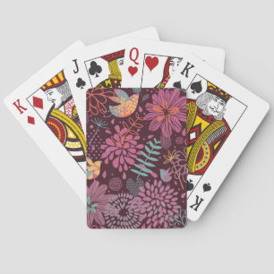 Abstract floral pattern with birds playing cards