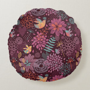 Abstract floral pattern with birds round cushion