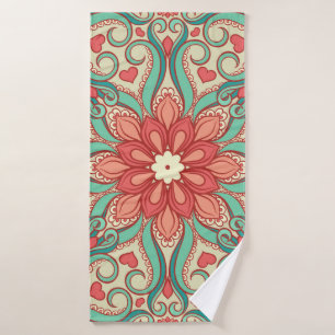 abstract floral pattern with hearts on a light gre bath towel
