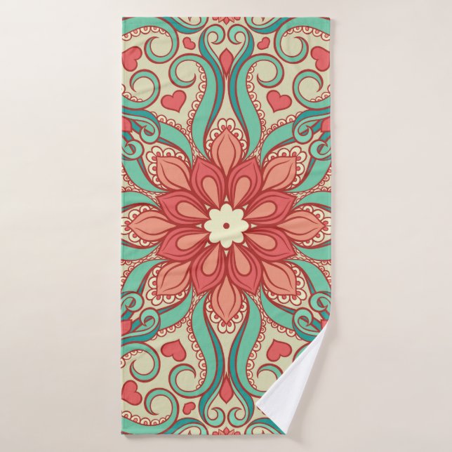 abstract floral pattern with hearts on a light gre bath towel (Bath Towel)