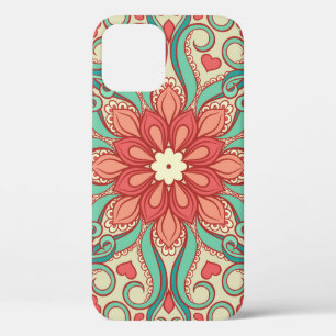abstract floral pattern with hearts on a light gre iPhone 12 case