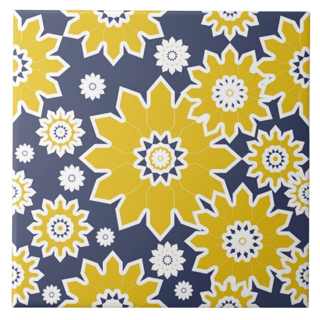 Abstract floral pattern, yellow, white, blue ceramic tile (Front)