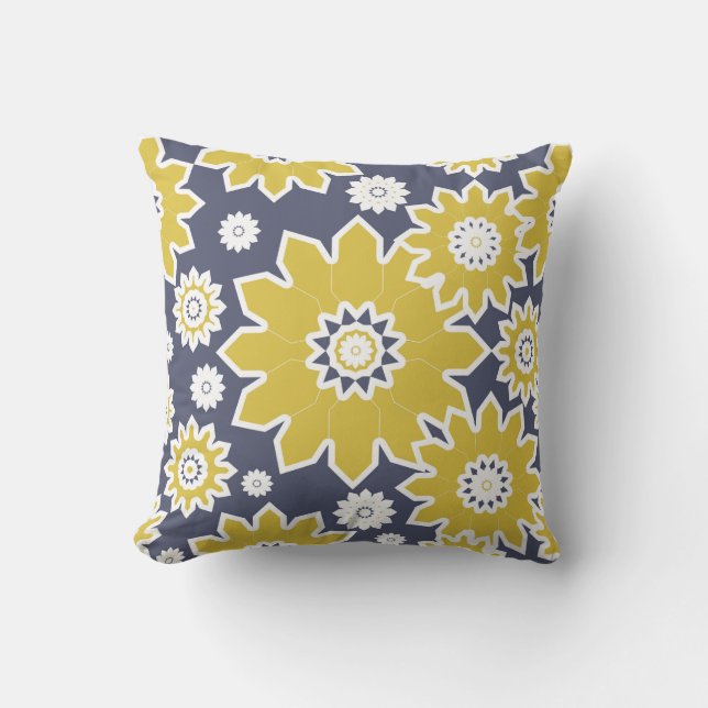 Abstract floral pattern, yellow, white, blue cushion (Front)