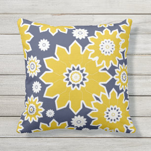 Abstract floral pattern, yellow, white, blue cushion
