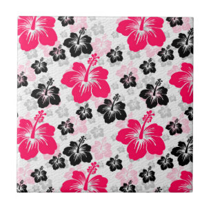 Abstract Floral Red Black White Ceramic Tile