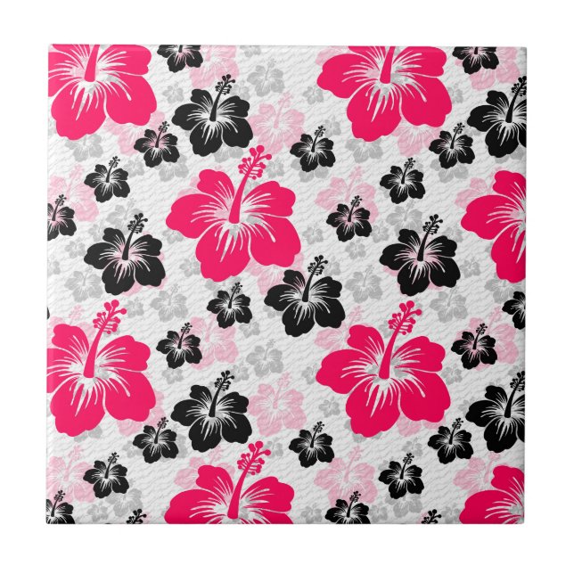Abstract Floral Red Black White Ceramic Tile (Front)