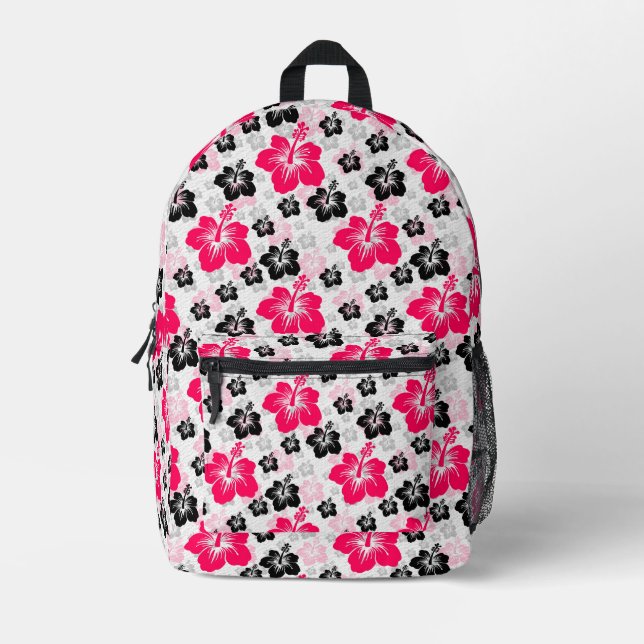 Abstract Floral Red Black White Printed Backpack (Front)
