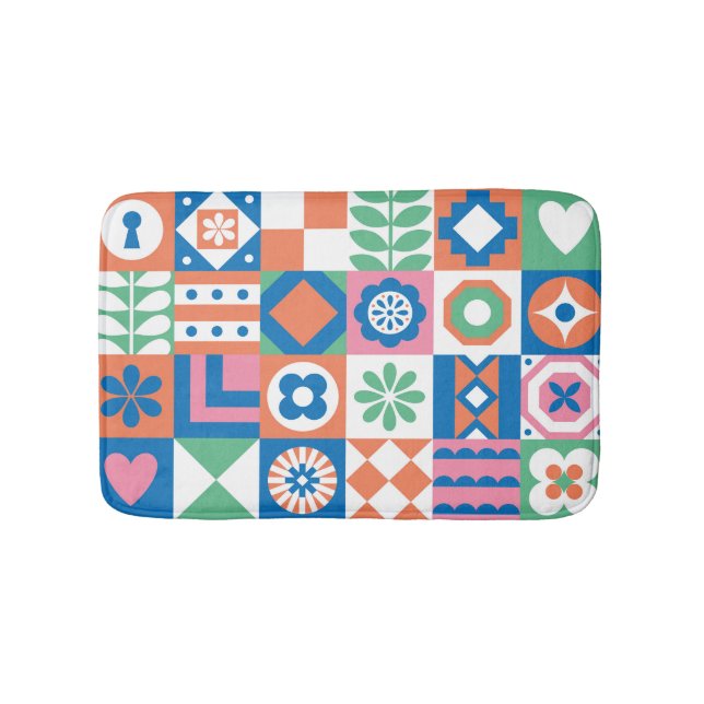 Abstract Floral Scandinavian Folk Pattern Bath Mat (Front)