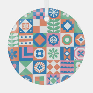 Abstract Floral Scandinavian Folk Pattern Glass Tree Decoration
