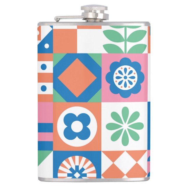 Abstract Floral Scandinavian Folk Pattern Hip Flask (Front)