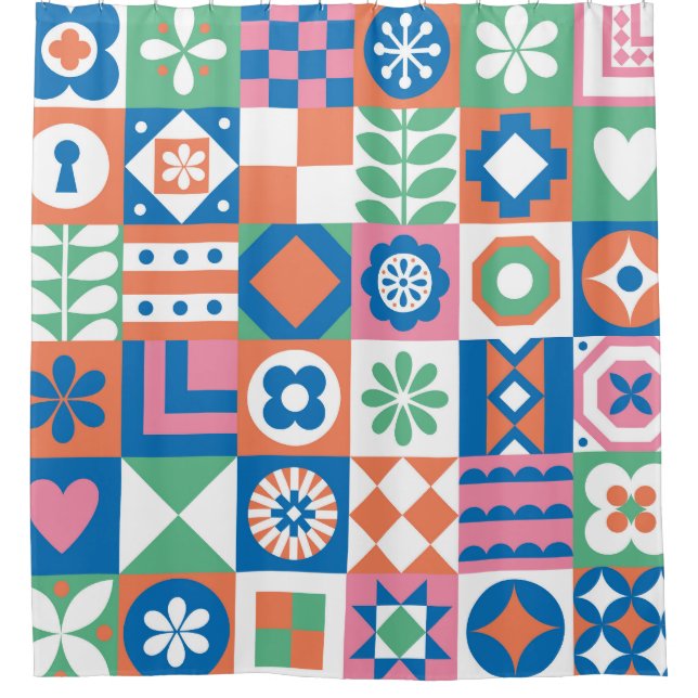 Abstract Floral Scandinavian Folk Pattern Shower Curtain (Front)