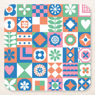 Abstract Floral Scandinavian Folk Pattern Square Paper Coaster