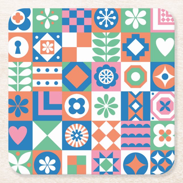 Abstract Floral Scandinavian Folk Pattern Square Paper Coaster (Front)