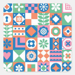 Abstract Floral Scandinavian Folk Pattern Square Sticker