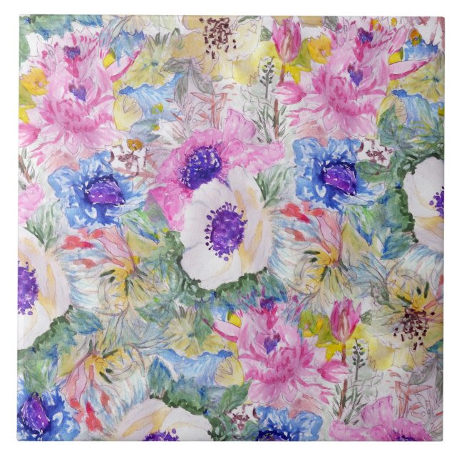 Abstract floral sketch watercolor hand paint ceramic tile (Front)