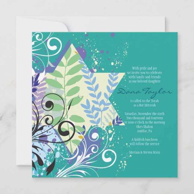 ABSTRACT FLORAL STAR Bat Mitzvah Invitation (Front)