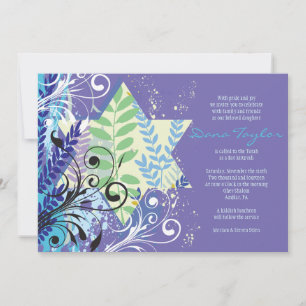 ABSTRACT FLORAL STAR Bat Mitzvah Invitation Purple