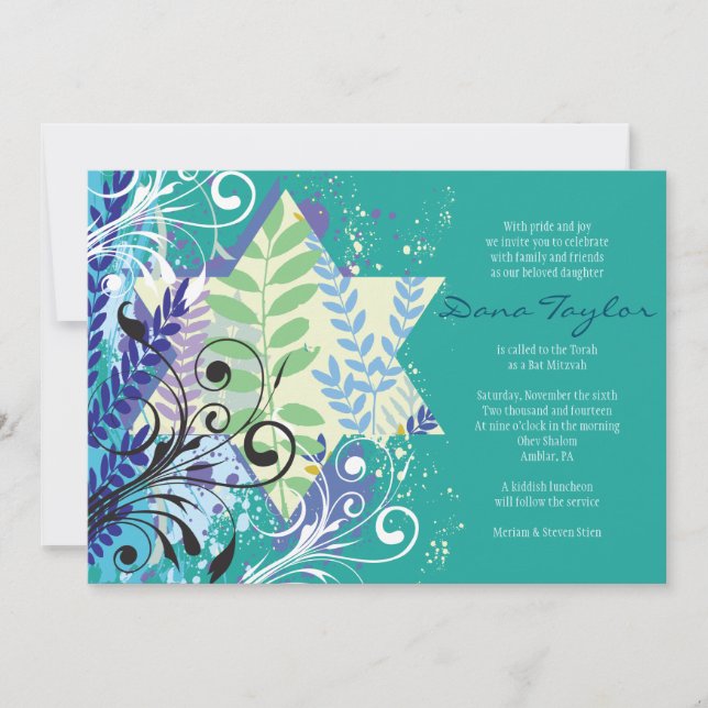 ABSTRACT FLORAL STAR-in aqua Invitation (Front)