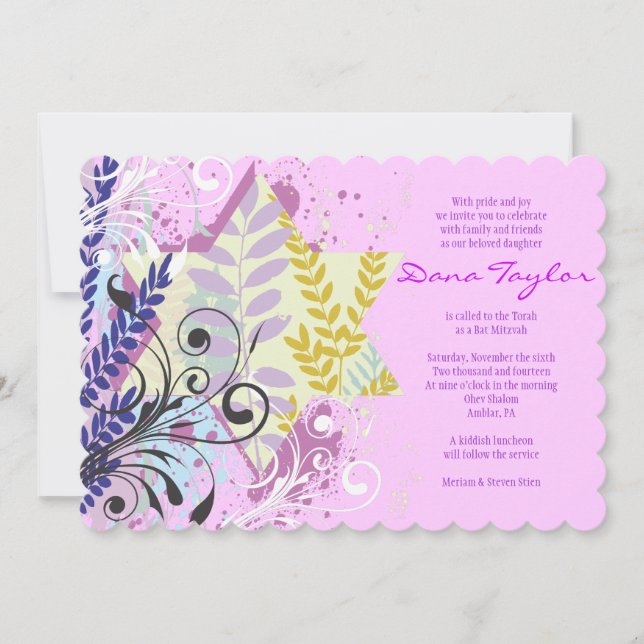 ABSTRACT FLORAL STAR of David Bat Mitzvah Invite (Front)