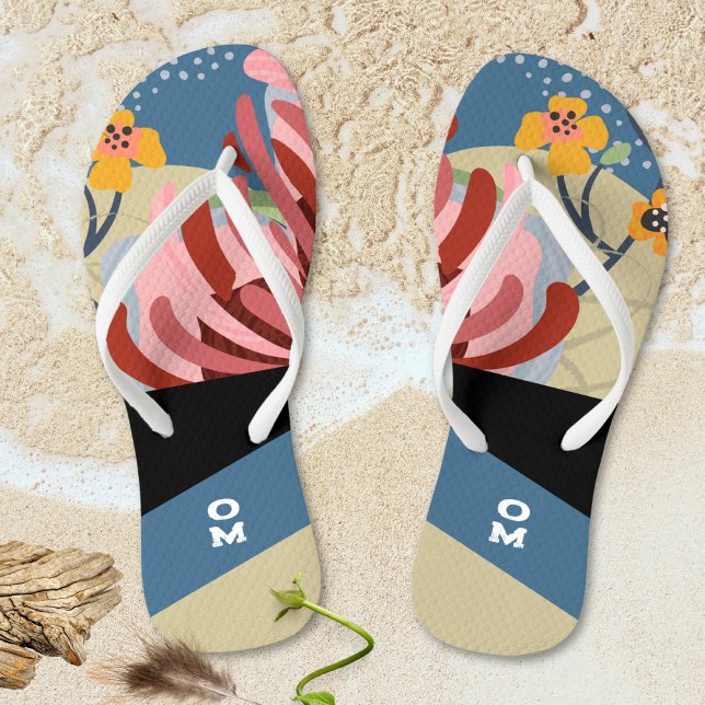 Abstract Floral Striped Monogram Thongs (Abstract Floral Striped Monogram Flip Flops ©Susanne Sachers - Sunny Mind 🌞)