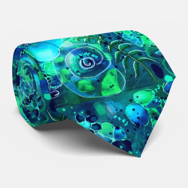 Abstract Floral Teal Blue Green Botanical Leaves Tie (Rolled)