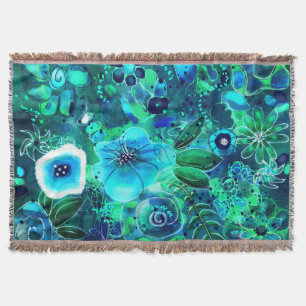 Abstract Floral Teal Blue Green Flower Flowers  Throw Blanket
