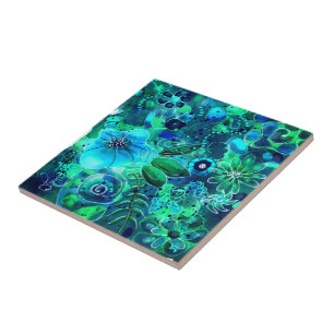 Abstract Floral Teal Blue Green Leaves Flowers Ceramic Tile