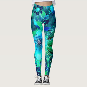 Abstract Floral Teal Blue Green Leaves Flowers Leggings