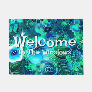 Abstract Floral Teal Blue Green Personalised Doormat