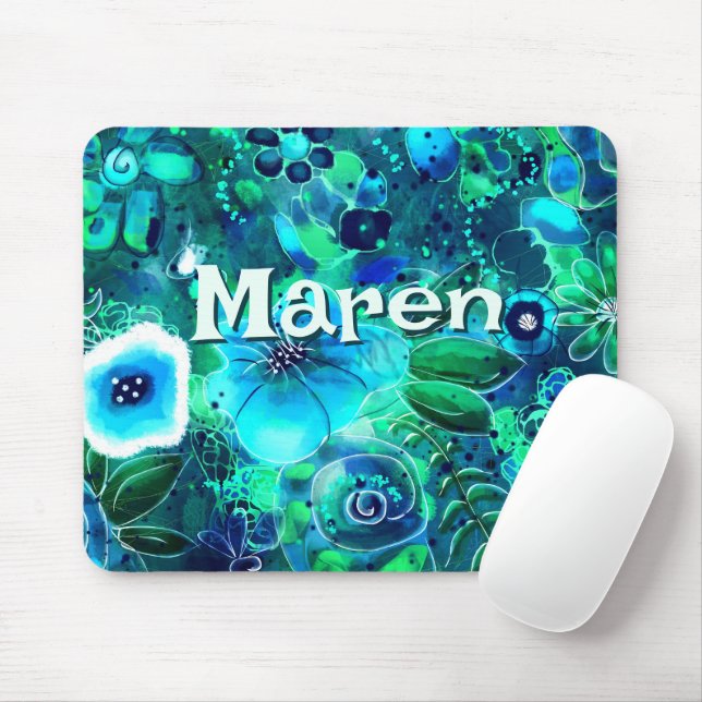 Abstract Floral Teal Blue Green Personalised Mouse Pad (With Mouse)