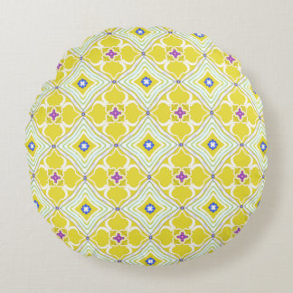 Abstract Floral Tile Decorative Pattern on Yellow Round Cushion