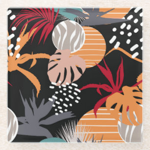 Abstract floral, tropical leaves, seamless drawing glass coaster