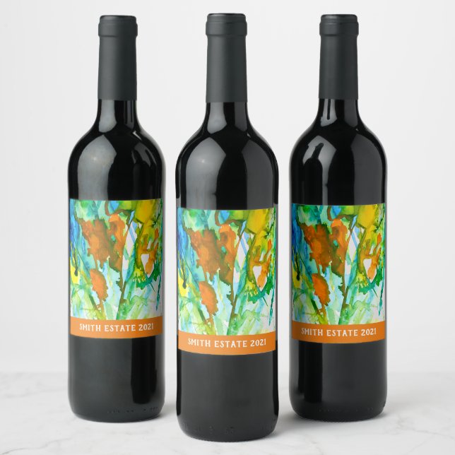 Abstract floral watercolor art wine label (Bottles)