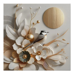 Abstract Florals & Bird with Sun: Gold, White Poster