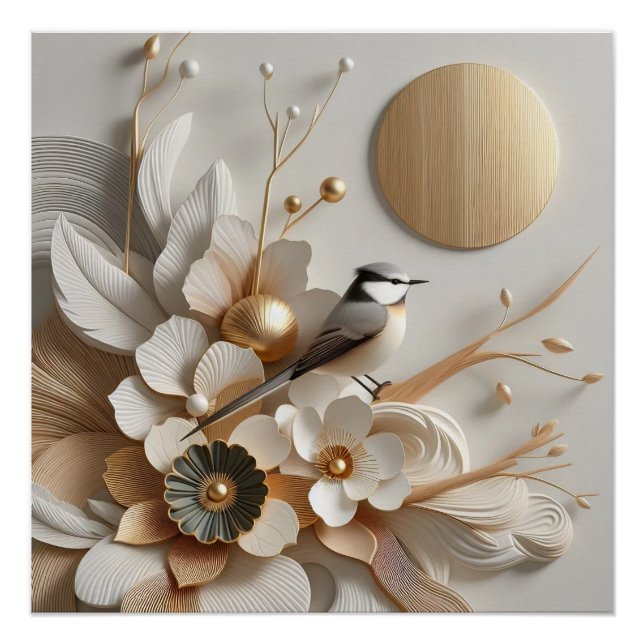 Abstract Florals & Bird with Sun: Gold, White Poster (Front)