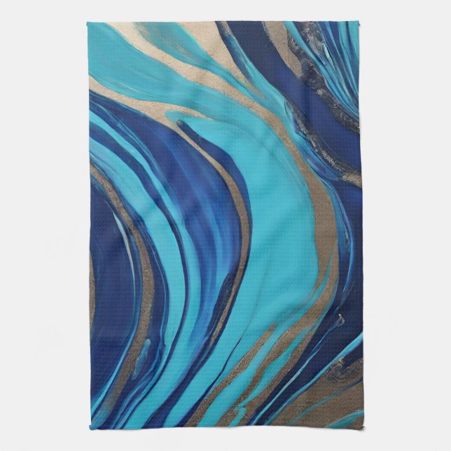 Abstract-Flow Art-Blue and Gold- Tea Towel (Vertical)