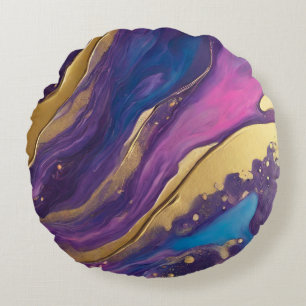 Abstract-Flow Art-Blue Pink Purple and Gold- Round Cushion