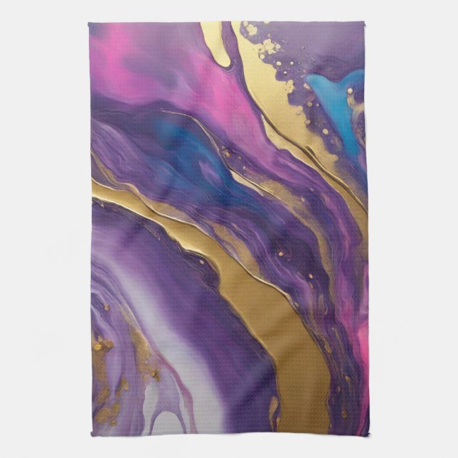 Abstract-Flow Art-Blue Pink Purple and Gold- Tea Towel (Vertical)