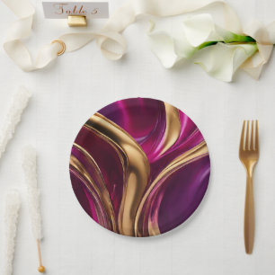 Abstract Flow Art-Fuchsia Purple and Gold- Paper Plate