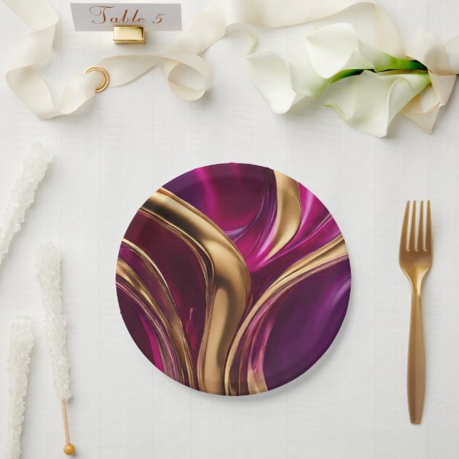 Abstract Flow Art-Fuchsia Purple and Gold- Paper Plate (Wedding)