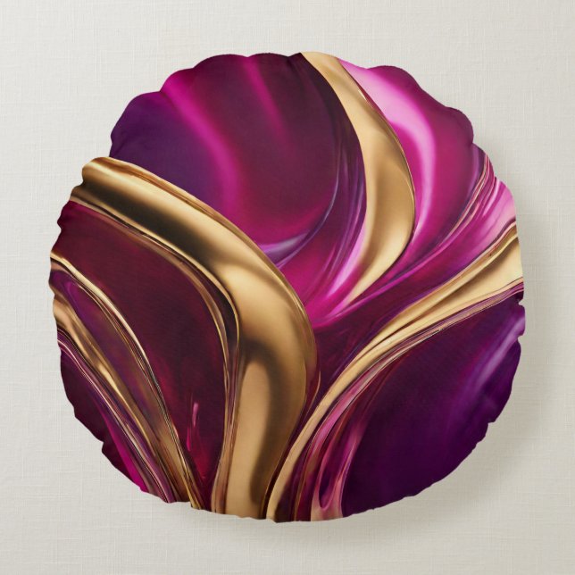 Abstract-Flow Art-Fuchsia Purple and Gold- Round Cushion (Front)